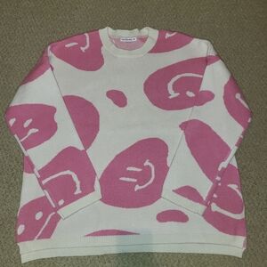 NWT Moon & Madison Smiley NEW Oversized 24.5 PTP Sweater Pink & White Size M…